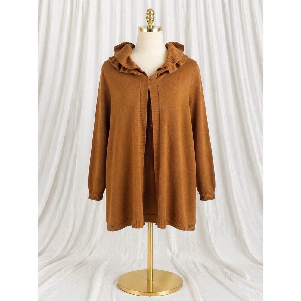 Susan Graver Chestnut Brown Long Line Cardigan Knit Sweater Ruffle Open Size 3X‎